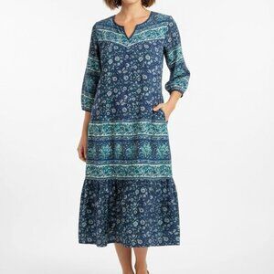 La Cera Cotton Boho Blue Multi Pattern Midi Dress With Pockets Size Large